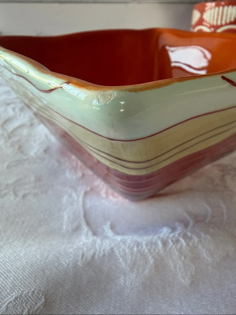 Pier 1 Hand-Painted Striped Ceramic Bowls in Warm Tones